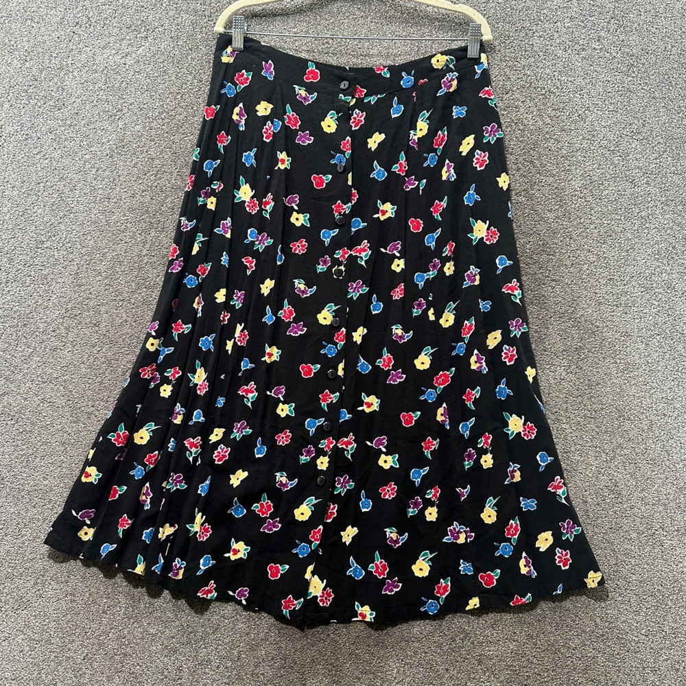 VTG 90s Prophecy Sag Harbor Midi Skirt XL Black Dark Floral Button Front Rayon
